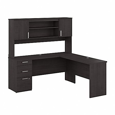 Bestar Ridgeley 65”W L-Shaped Corner Desk With Hutch, Charcoal Maple