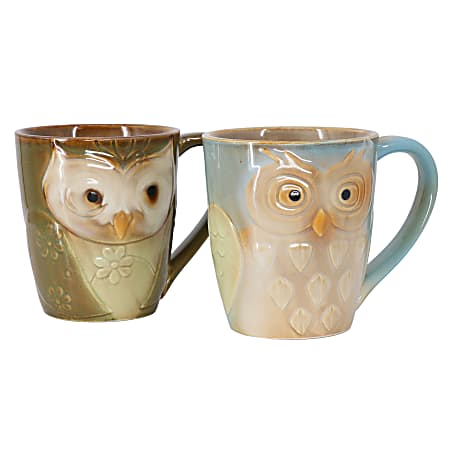 Gibson Home Owl City 2-Piece Owl Shape Stoneware Mug Set, 17 Oz, Blue/Green