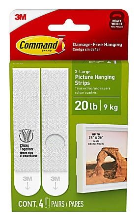 Command™ Picture Hanging Strips, 20 lb, White, Pack Of 4 Pairs Of Strips