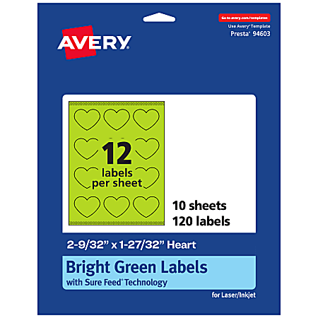Avery® Print-To-The-Edge Labels With Sure Feed® Technology, 94603-BGP10, Heart, 2-9/32" x 1-27/32", Matte Bright Green, Pack of 120