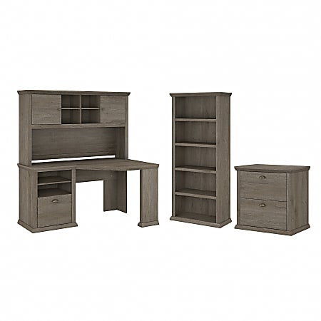 Bush Furniture Yorktown 60"W Corner Desk With Hutch, Lateral File Cabinet And 5-Shelf Bookcase, Restored Gray, Standard Delivery