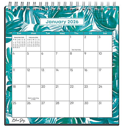 2026 Blue Sky Monthly Desk Calendar With Stand, 6-1/8” x 6-3/8”, Palm Leaves Teal, January To December, 155935