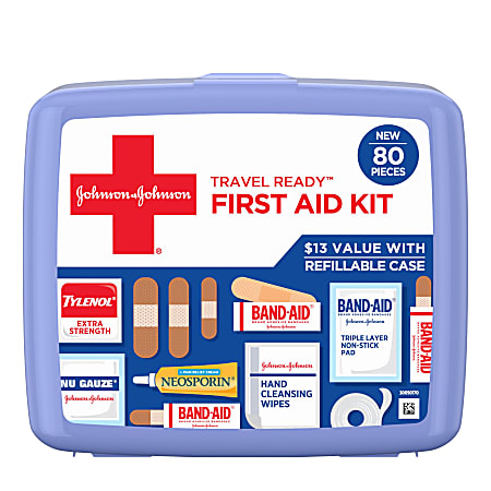 Johnson &amp; Johnson Travel Ready Portable Emergency First Aid Kit, 80 pieces