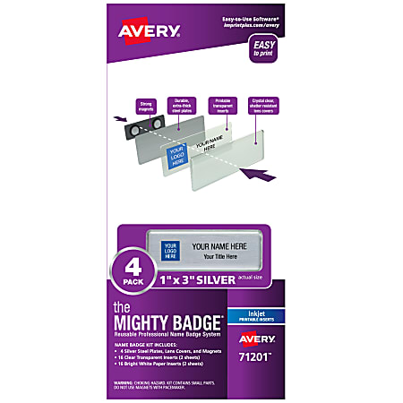 Avery® The Mighty Badge Magnetic Badges For Inkjet Printers, 1" x 3", Silver, Pack Of 4 Badges