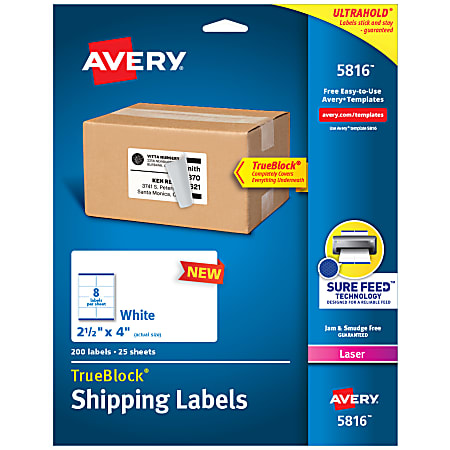 Avery® TrueBlock® Shipping Labels With Sure Feed® Technology, 5816, 2.5" x 4", Rectangle, White, Pack Of 200