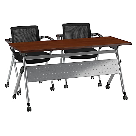 Bush Business Furniture 60"W x 24"D Folding Training Table With Set Of 2 Folding Chairs, Hansen Cherry/Cool Gray Metallic, Premium Installation