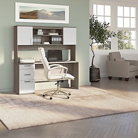 Bestar Ridgeley 65”W Computer Desk With Hutch, Silver Maple/Pure White