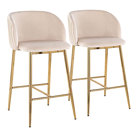LumiSource Fran Pleated Fixed-Height Counter Stools, White/Gold, Set Of 2 Stools