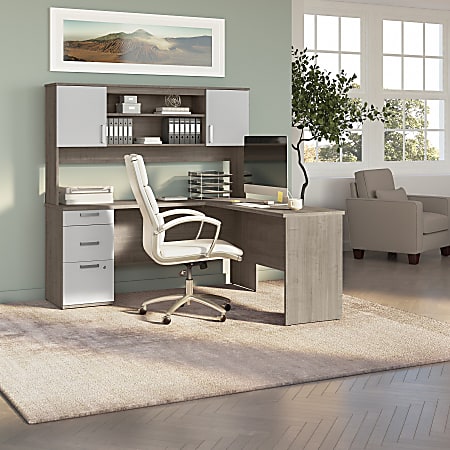 Bestar Ridgeley 65”W L-Shaped Corner Desk With Hutch, Silver Maple/Pure White