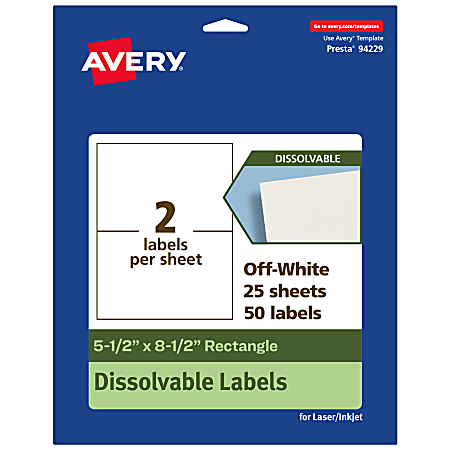 Avery® Dissolvable Labels, 94229-DWMP25, Rectangle, 5-1/2"x8-1/2", Matte Off-White, Pack Of 50