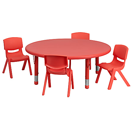 Flash Furniture Round Plastic Height-Adjustable Activity Table And 4 Chair Set, 23-3/4" x 45", Red