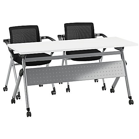 Bush Business Furniture 60"W x 24"D Folding Training Table With Set Of 2 Folding Chairs, White/Cool Gray Metallic, Premium Installation