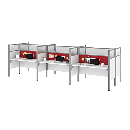 Bestar Pro-Biz 183"W 6-Person Computer Desk Office Cubicles With Tack Boards And High Privacy Panels, Red/White