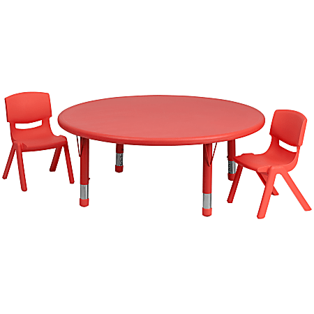 Flash Furniture Round Plastic Height-Adjustable Activity Table And 2 Chair Set, 23-3/4" x 45", Red