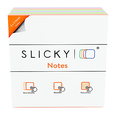 Slickynotes Self-Stick Notes, 3" x 3", 100% Recycled, Assorted Colors, 95 Sheets Per Pad, Pack Of 6 Pads