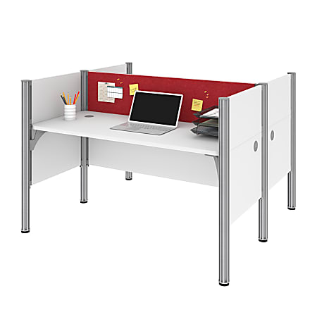 Bestar Pro-Biz 63"W Computer Desk Office Cubicles With Tack Boards And Low Privacy Panels, Red/White