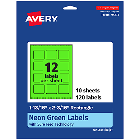 Avery® Print-To-The-Edge Labels With Sure Feed® Technology And Easy Peel®, 94233-NGP10, Rectangle, 1-13/16" x 2-3/16", Matte Neon Green, Pack of 120