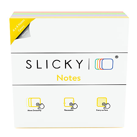 Slickynotes Self-Stick Notes, 4" x 4", 100% Recycled, Assorted Colors, 95 Sheets Per Pad, Pack Of 4 Pads