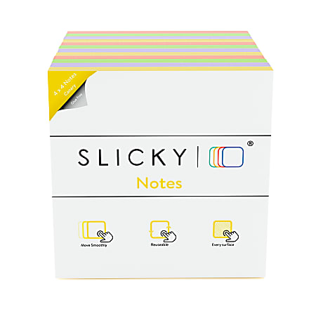 Slickynotes Self-Stick Notes, 4" x 4", 100% Recycled, Assorted Colors, 95 Sheets Per Pad, Pack Of 12 Pads