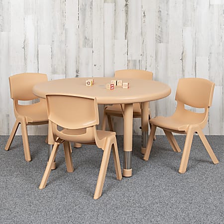 Flash Furniture Round Plastic Height-Adjustable Activity Table Set With 4 Chairs, 23-3/4" x 33", Natural