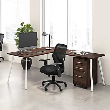 Bush Business Furniture Vista 60"W Corner Desk with Splayed Metal Legs and Mobile File Cabinet, Black Walnut, Standard Delivery
