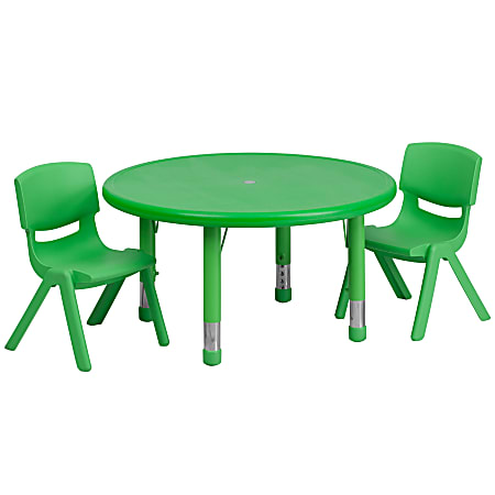 Flash Furniture Round Plastic Height-Adjustable Activity Table With 2 Chairs, 23-3/4" x 33", Green