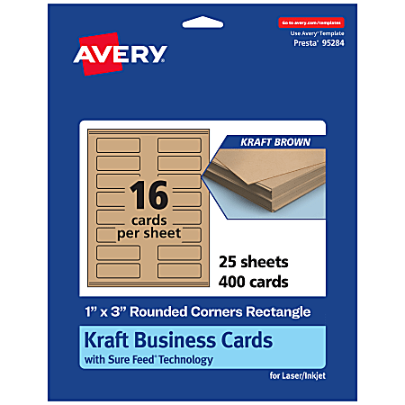 Avery® Printable Rounded Corner Mini Business Cards With Sure Feed® Technology, Print-To-The-Edge, 1"x3", Kraft Brown, Pack Of 400