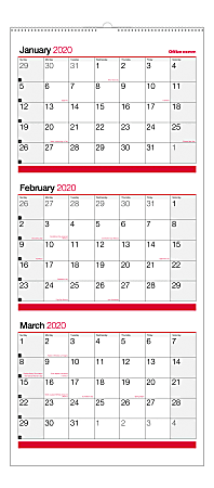 Office Depot® Brand 3-Month Monthly Reference Wall Calendar, 27" x 12", Black/Red, January To December 2020, OD303028