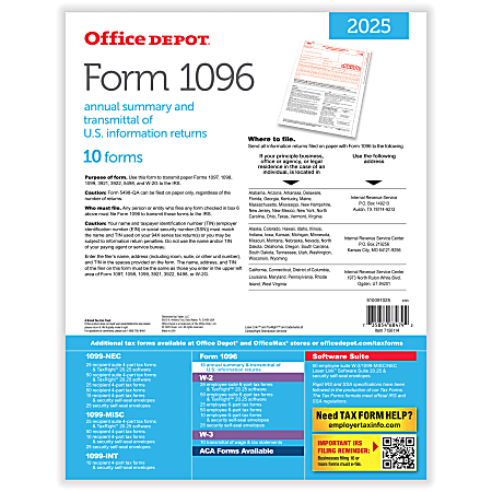 Office Depot 1096 Laser Tax Forms 1 Part 8 12 x 11 Pack Of 10