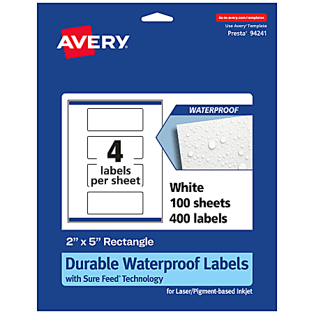 Avery® Waterproof Permanent Labels With Sure Feed®, 94241-WMF100, Rectangle, 2" x 5", White, Pack Of 400