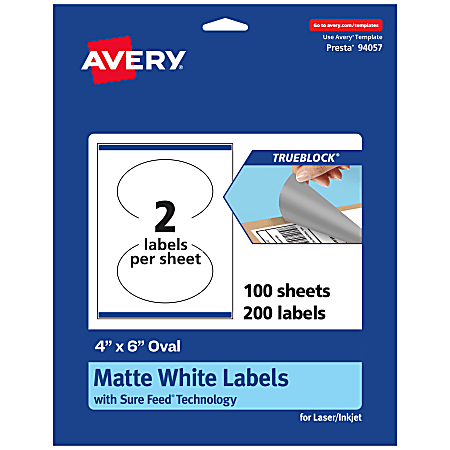 Avery® Print-To-The-Edge TrueBlock® Labels With Sure Feed®, 94057-TWMP100, Oval, 4" x 6", Matte White, Pack Of 200