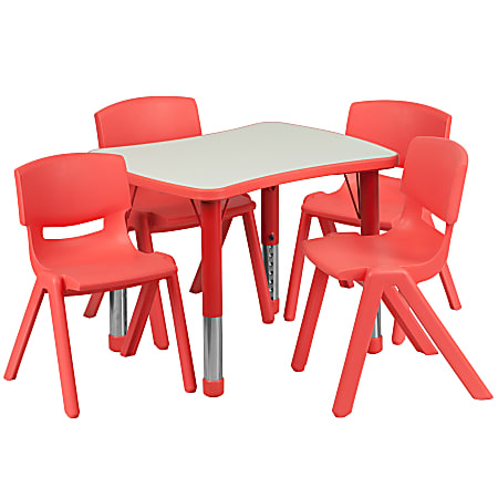 Flash Furniture Rectangular Plastic Height-Adjustable Activity Table With 4 Chairs, 23-1/2"H x 21-7/8"W x 26-5/8"D, Red/Gray