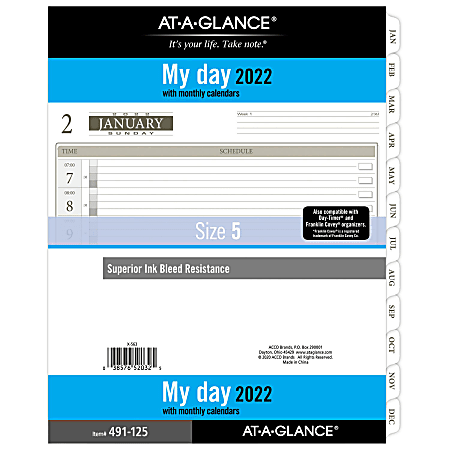 AT-A-GLANCE® One Page Per Day Daily/Monthly Planner Calendar Refill, Folio Size, 8-1/2" x 11", January To December 2022, 491-125