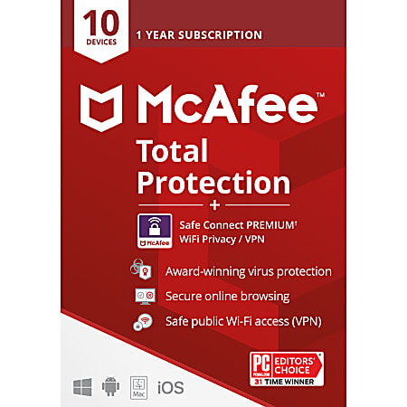 McAfee Total Protection w VPN, 10 Devices, Antivirus Software, 1-Year Subscription, Download