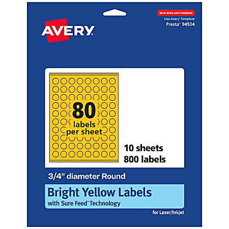Avery® Print-To-The-Edge Labels With Sure Feed® Technology And Easy Peel® Label Feature, 94504-BYP10, Round, 3/4", Matte Bright Yellow, Pack of 800