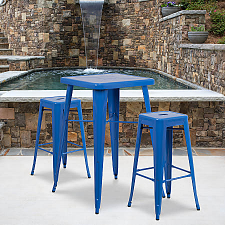 Flash Furniture Square Metal Bar Table Set With 2 Backless Stools, 40"H x 27-3/4"W x 27-3/4"D, Blue