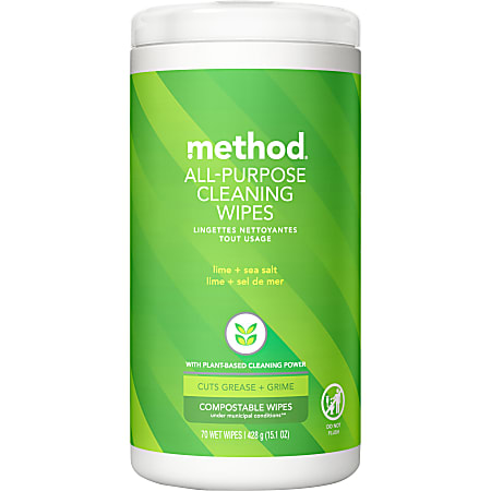 Method All-Purpose Cleaning Wipes, 3" x 4", Lime + Seasalt Scent, Green, Tub Of 70
