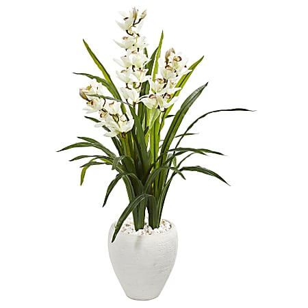 Nearly Natural 4'H Cymbidium Orchid Artificial Plant With Planter, 4'H x 30"W x 30"D, White/Green