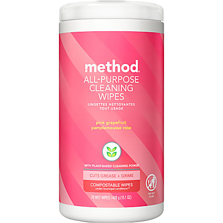 Method All-Purpose Cleaning Wipes, 3 x 4, Pink Grapefruit Scent, Pink,  Tub Of 70