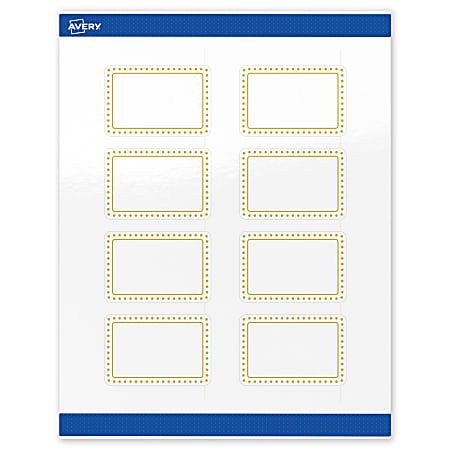 Avery® Print-To-The-Edge Labels & Sure Feed®, S00-DHV-PRWGP10, 2"x3", Glossy White, Preprinted Gold Border & Gold Dots Design, Pack Of 80