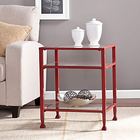 Southern Enterprises Metal/Glass End Table, Square, Clear/Red