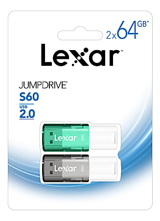 Lexar® JumpDrive® S60 USB 2.0 Flash Drives, 64GB, Black/Teal, Pack Of 2 Flash Drives, LJDS60-64GB2NNU