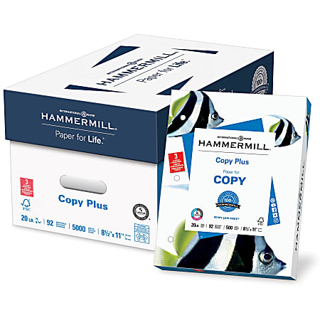Hammermill® Copy Plus® 3-Hole Punched Multi-Use Printer & Copy Paper, White, Letter (8.5" x 11"), 5000 Sheets Per Case, 20 Lb, 92 Brightness