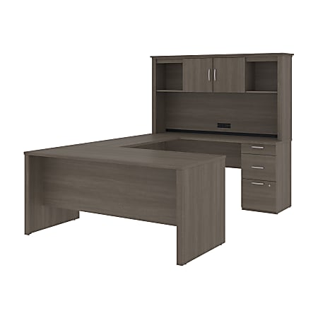 Bestar Logan 66”W U- Or L-Shaped Executive Corner Desk With Pedestal And Hutch, Bark Gray