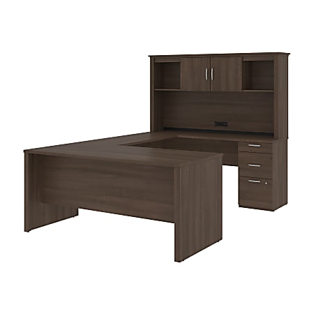 Bestar Logan 66”W U- Or L-Shaped Executive Corner Desk With Pedestal And Hutch, Antigua