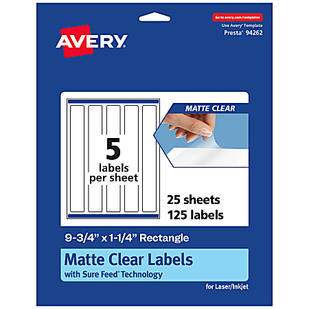Avery® Permanent Labels With Sure Feed®, 94262-CMF25, Rectangle, 9-3/4" x 1-1/4", Matte Clear, Pack Of 125