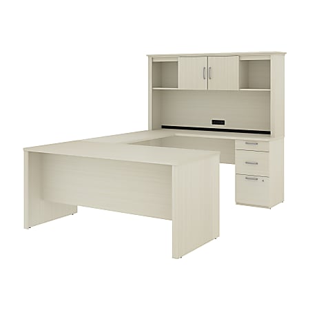 Bestar Logan 66”W U- Or L-Shaped Executive Corner Desk With Pedestal And Hutch, White Chocolate