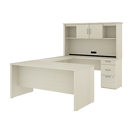 Bestar Logan 66&rdquo;W U- Or L-Shaped Executive Corner Desk With Pedestal And Hutch, White Chocolate