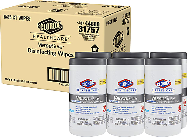 Clorox® Healthcare VersaSure Cleaner Disinfectant Wipes, 6-3/4" x 8", 85 Wipes Per Canister, Carton Of 6 Canisters