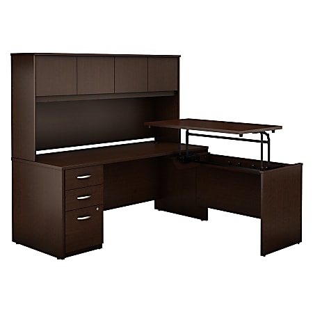 Bush Business Furniture Components Elite 72"W 3 Position Sit to Stand L Shaped Desk with Hutch and 3 Drawer File Cabinet, Mocha Cherry, Premium Installation